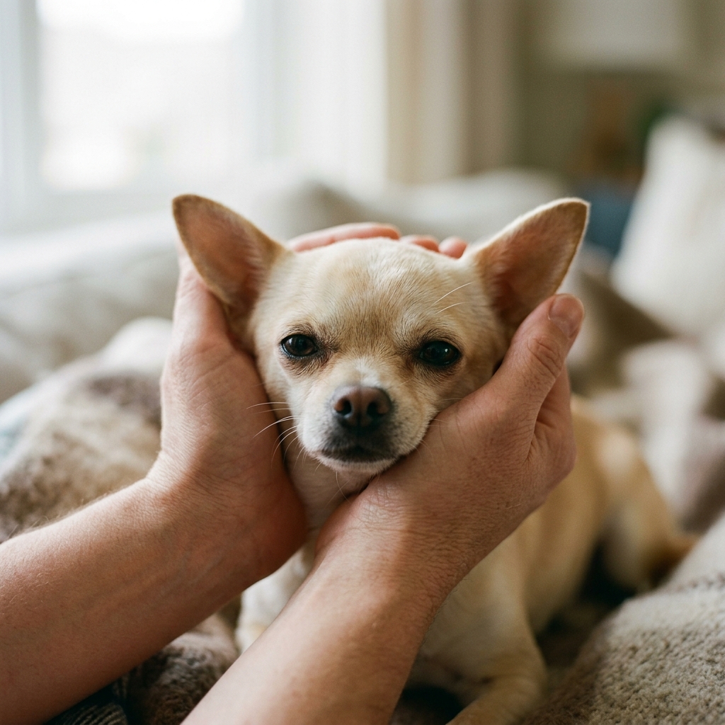 Zwei Hände halten behutsam den Kopf eines Chihuahuas, eine Hand liegt oben auf dem Schädel.